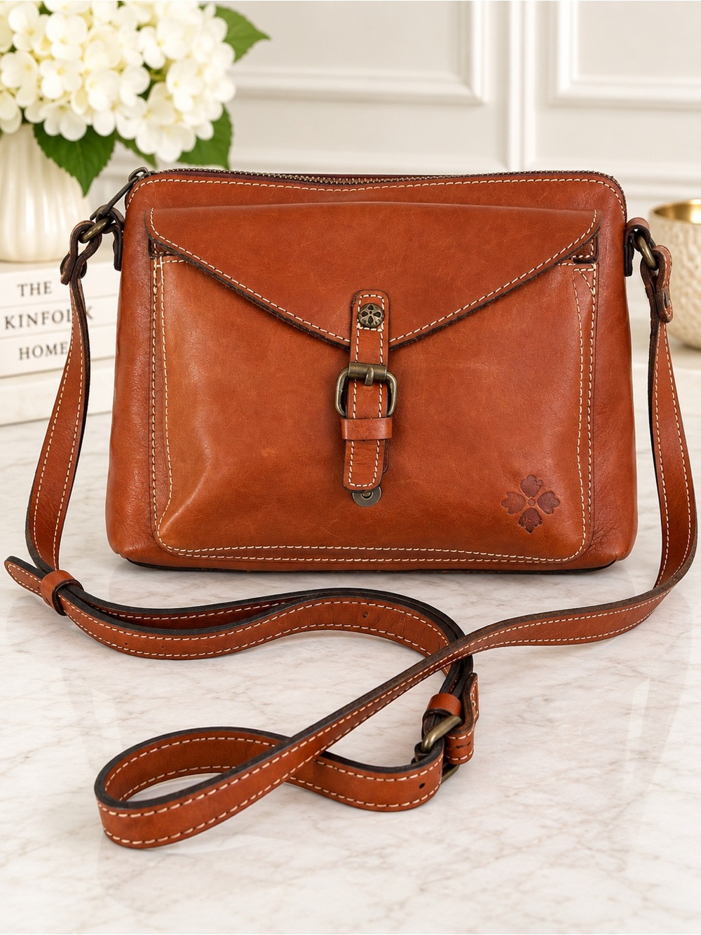 Patricia Nash Cognac Brown Leather Flap Crossbody Bag Buckle Boho Vintage